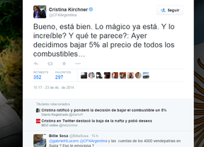 Cristina destacó la decisión del gobierno de bajar el precio de los combustibles