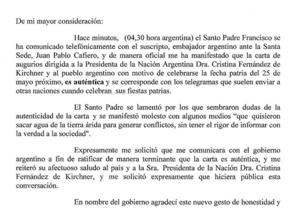 El Papa Francisco confirmó que la carta a Cristina es auténtica