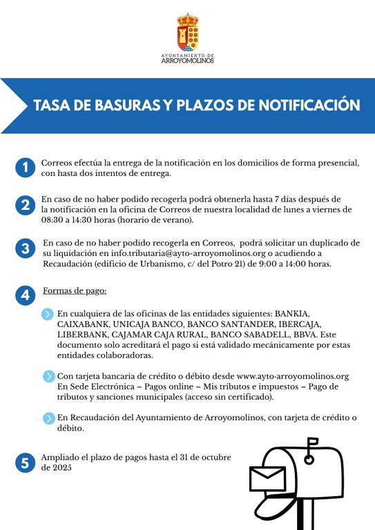 Tasa de basuras en Arroyomolinos, ¿Cuándo vence el plazo para pagar? ¿Dónde realizar el pago de la tasa?